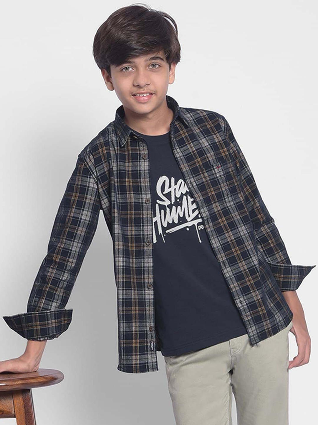 

Crimsoune Club Boys Slim Fit Tartan Checked Casual Shirt, Navy blue