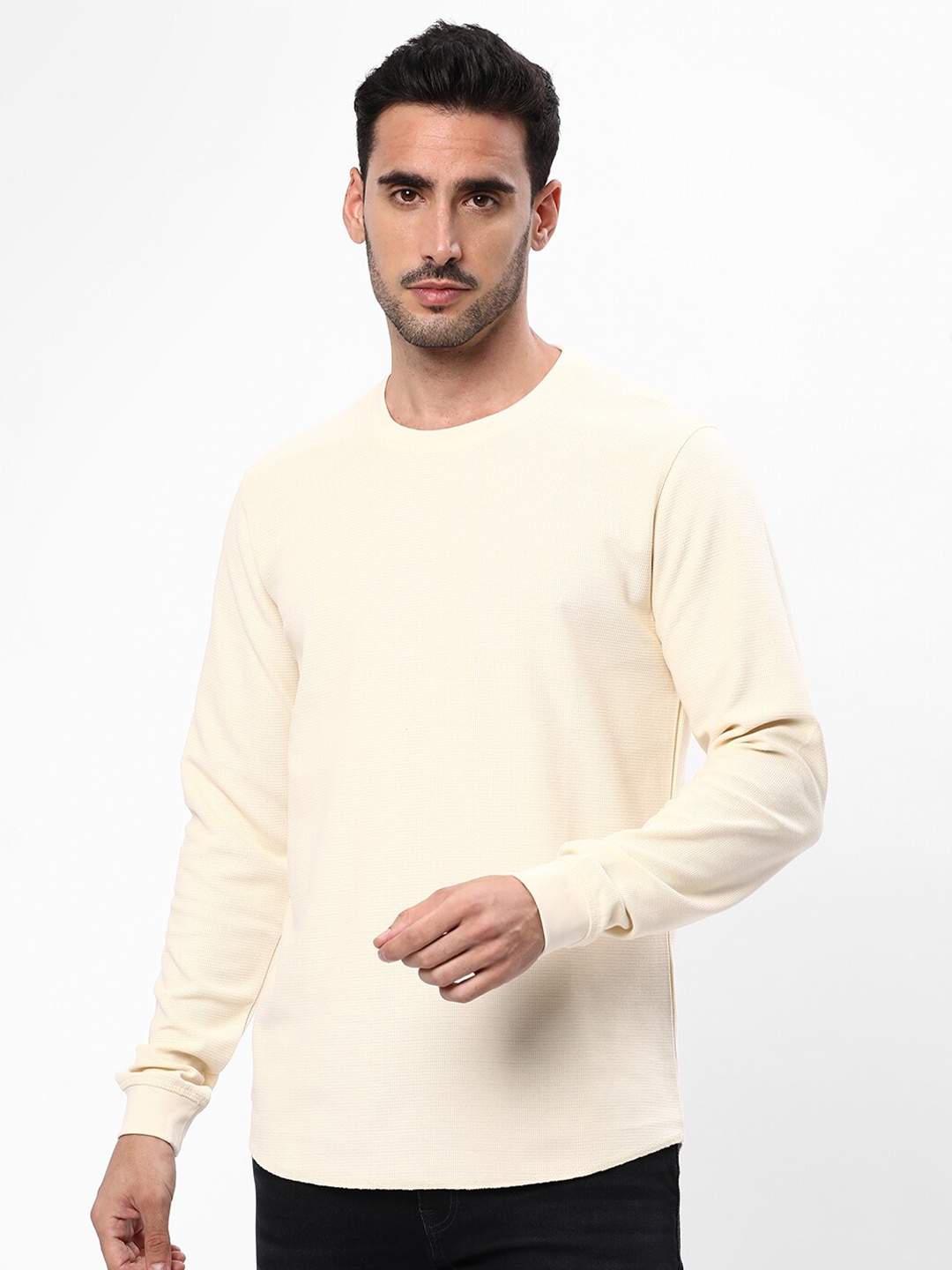 

R&B Round Neck Cotton T-Shirt, Beige