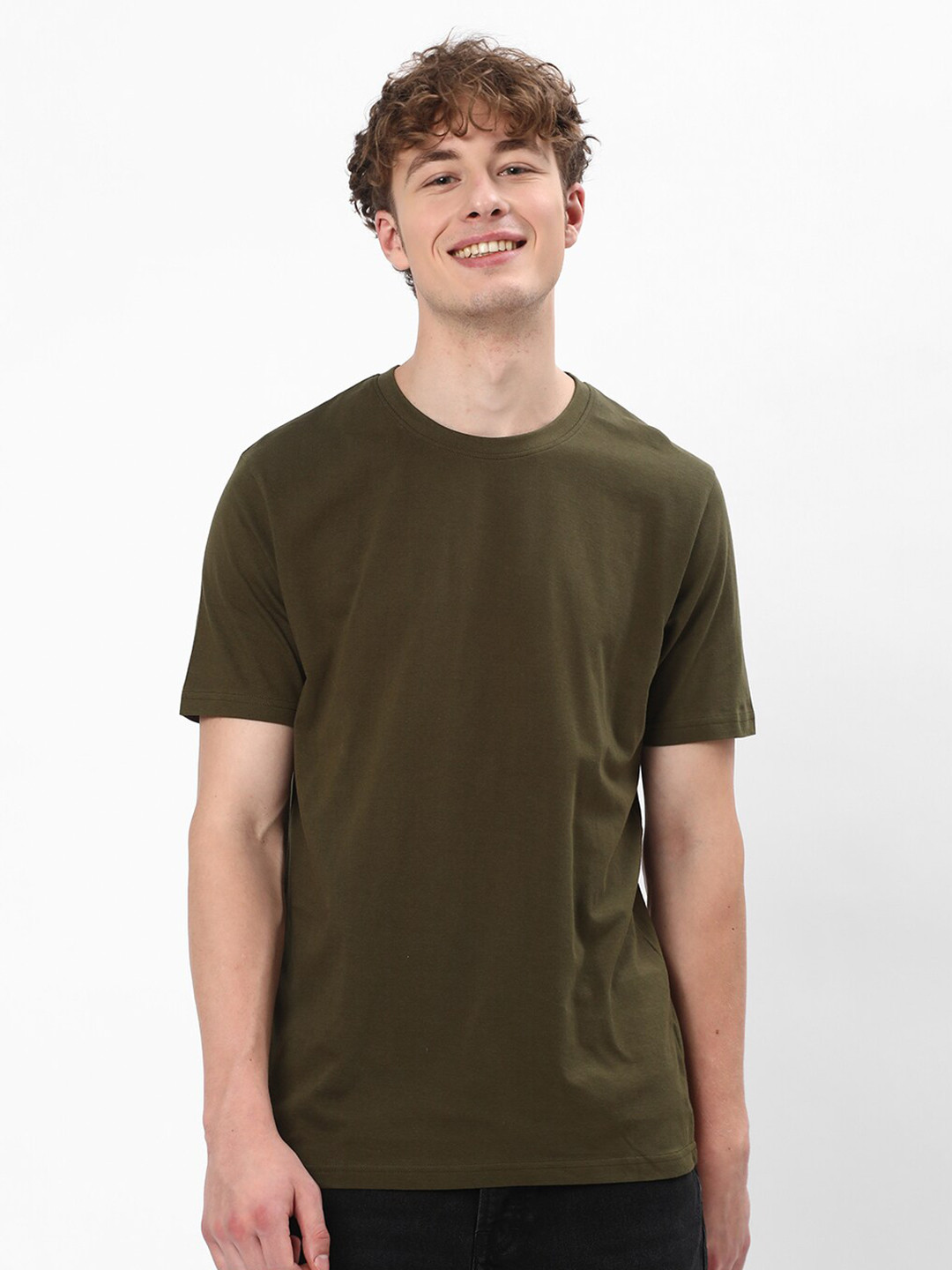 

R&B Round Neck Short Sleeves Cotton T-shirt, Olive