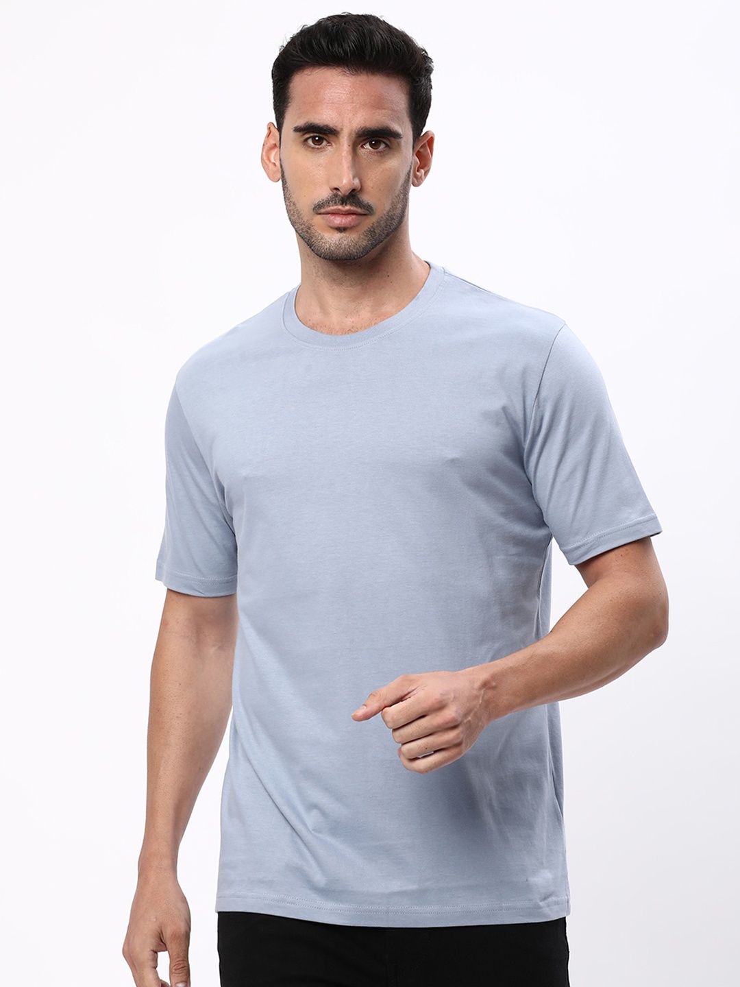 

R&B Round Neck Short Sleeves Cotton T-shirt, Blue