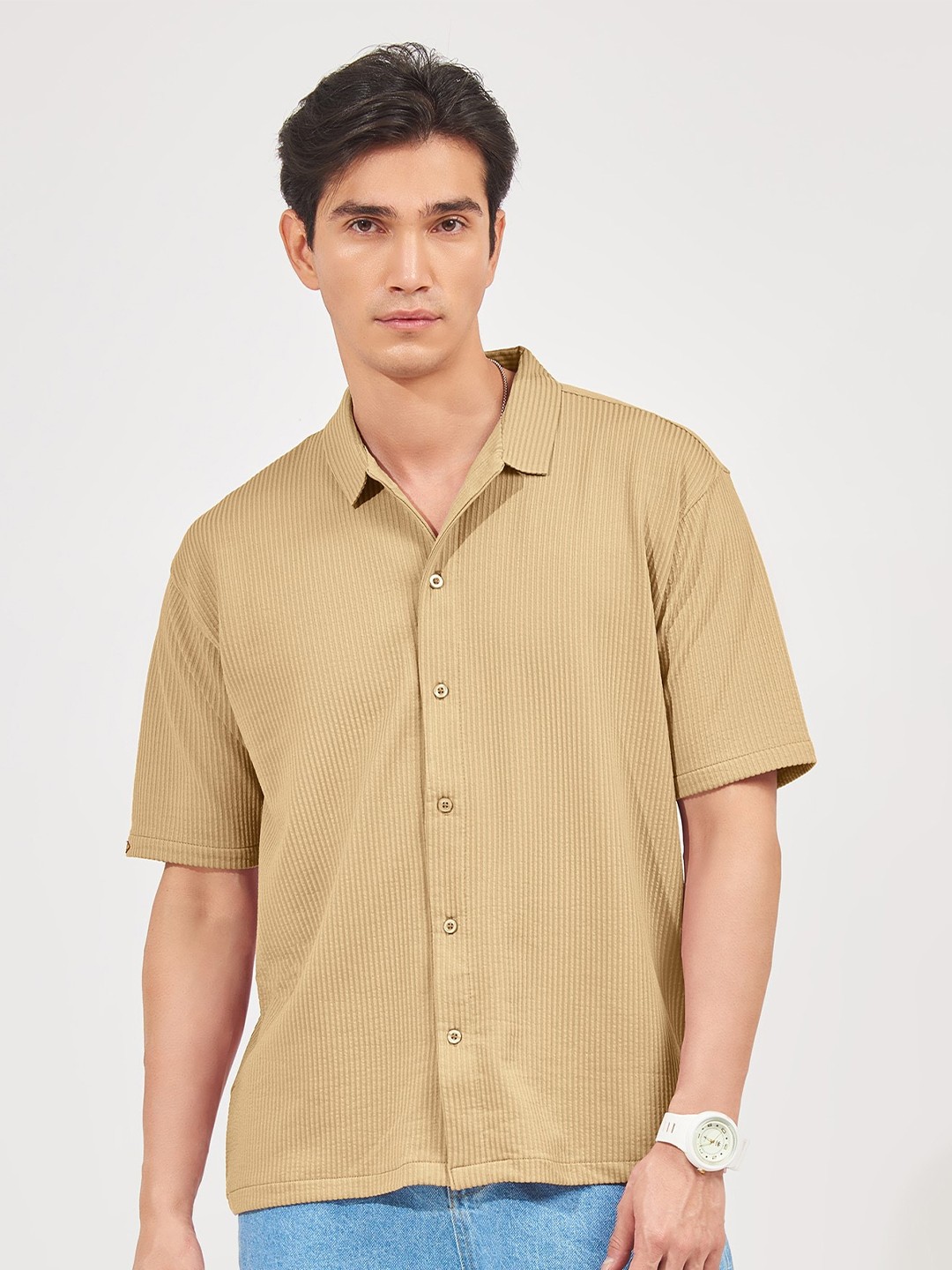 

Maniac Classic Striped Boxy Cotton Casual Shirt, Beige