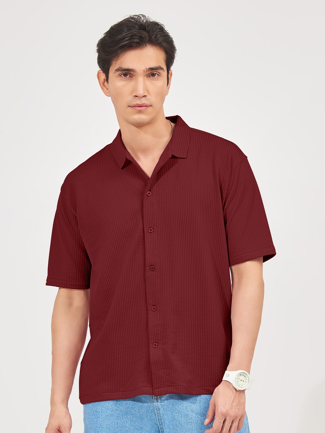 

Maniac Classic Textured Boxy Cotton Casual Shirt, Burgundy