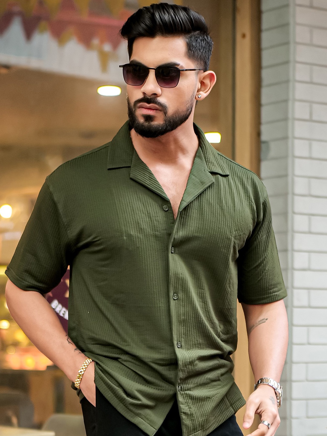 

Maniac Classic Striped Boxy Cotton Casual Shirt, Olive