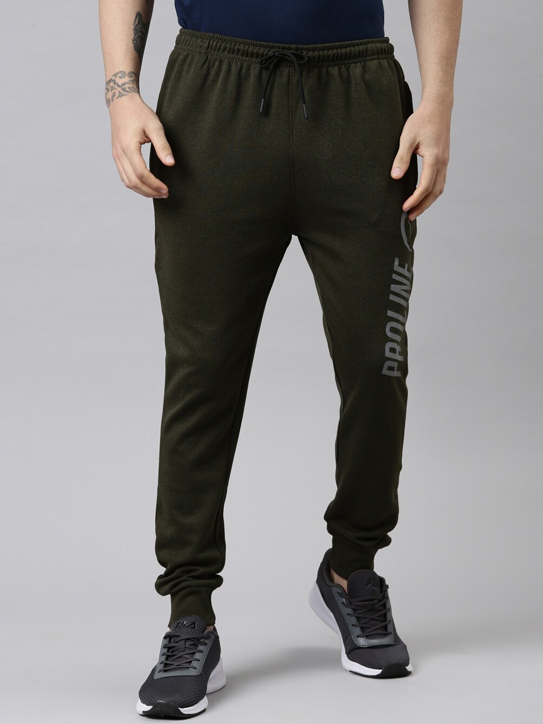 

Proline Men Mid-Rise Printed Cotton Joggers, Olive