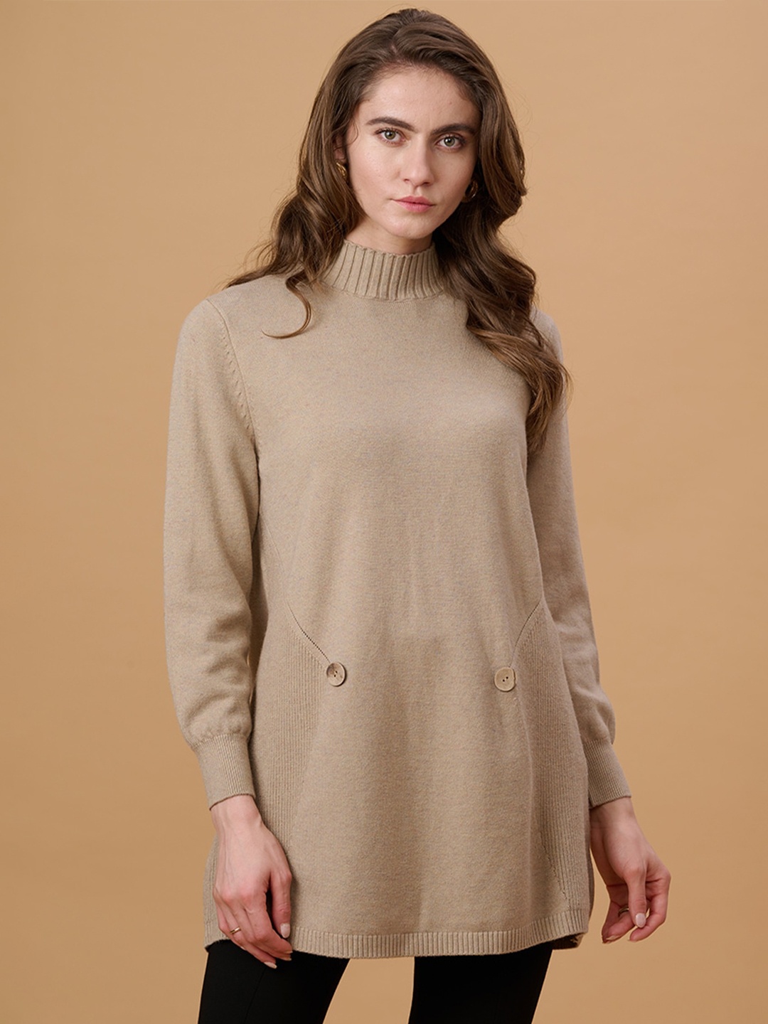 

Gipsy High Neck Long Sleeves Acrylic Pullover Sweater, Beige