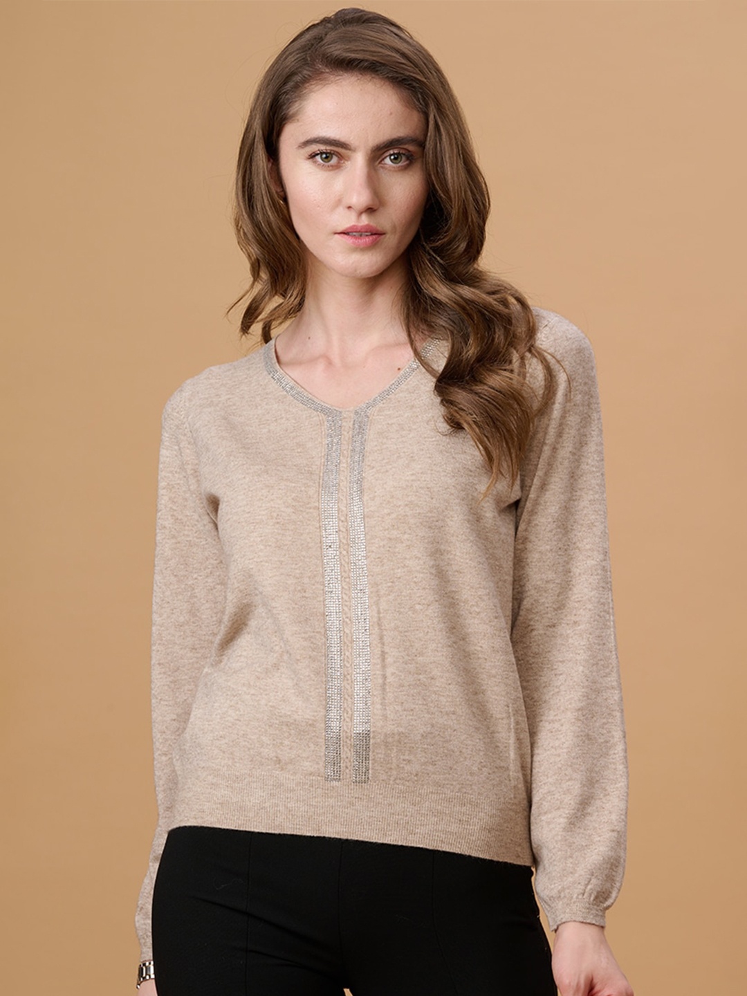 

Gipsy V-Neck Long Sleeves Acrylic Pullover Sweater With Embellished Detail, Khaki