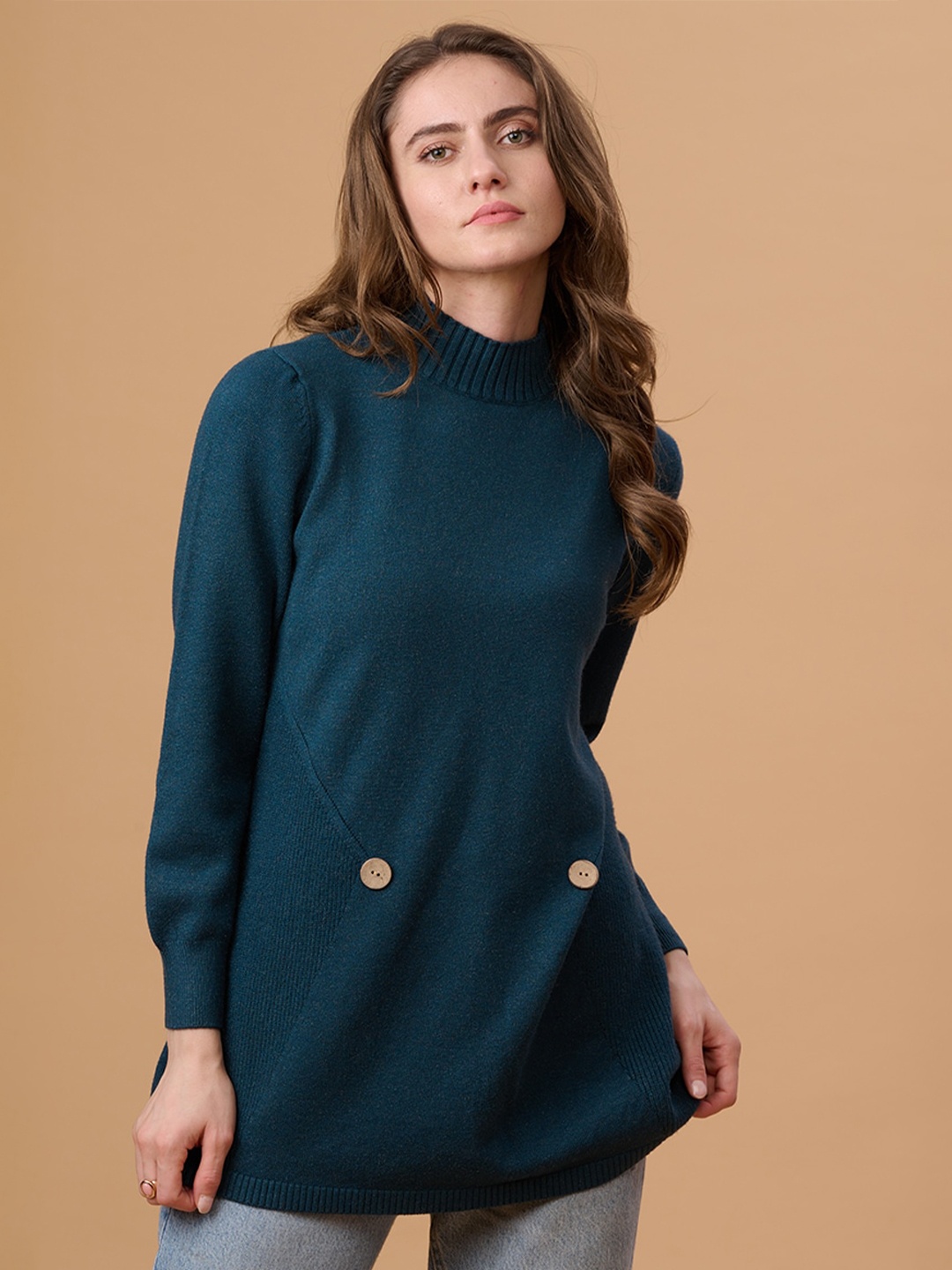 

Gipsy High Neck Long Sleeve Longline Acrylic Pullover Sweaters, Navy blue