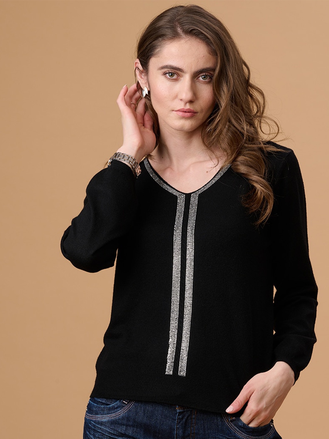 

Gipsy V-Neck Long Sleeves Acrylic Pullover Sweater With Embellished Detail, Black