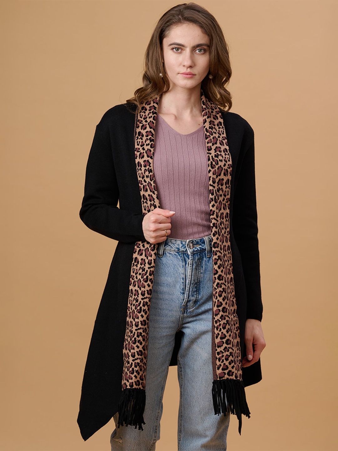 

Gipsy Shawl Lapel Longline Acrylic Shrug, Black