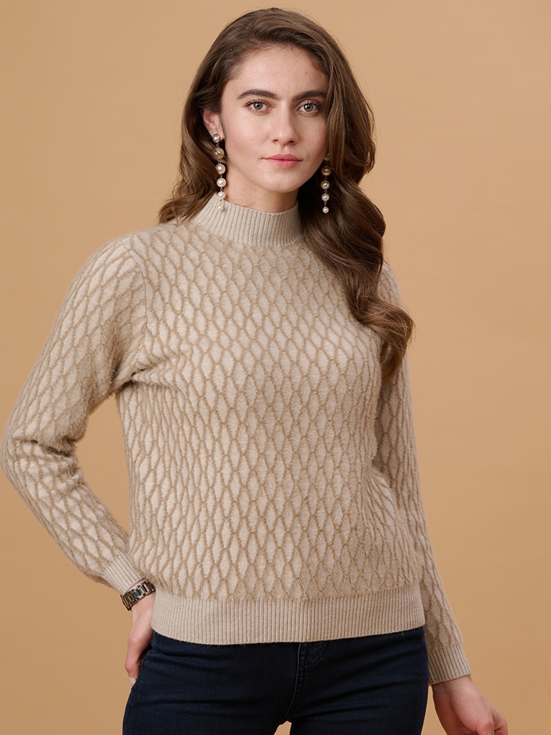 

Gipsy Geometric Printed Acrylic Pullover Sweater, Beige
