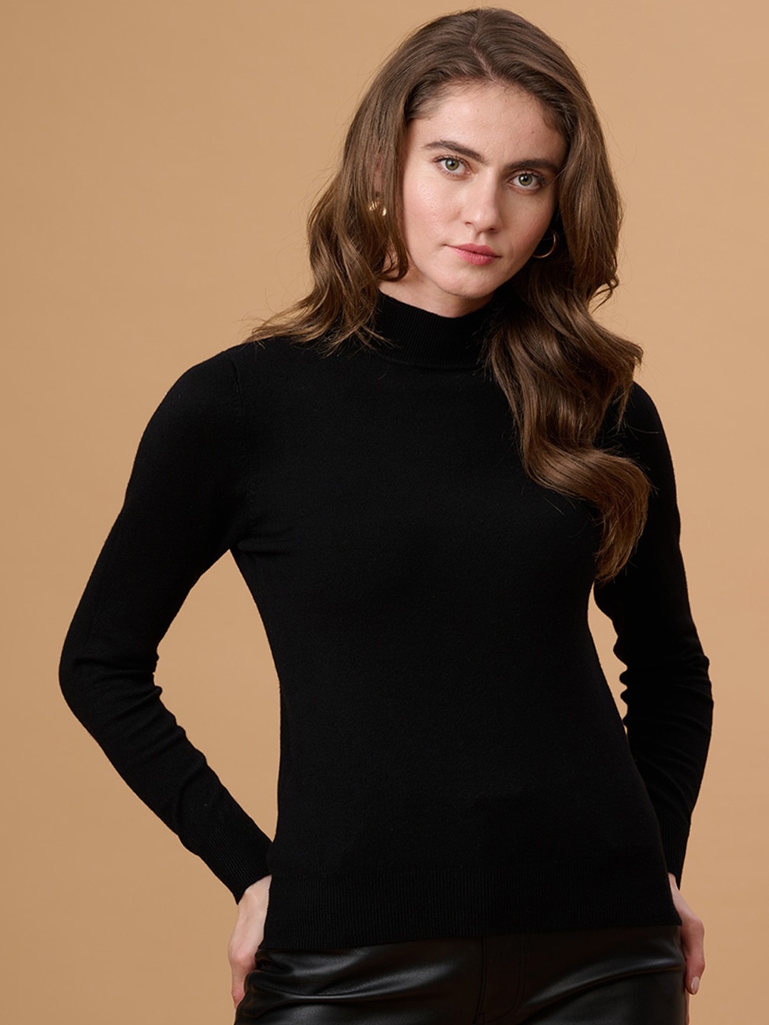 

Gipsy High Neck Long Sleeves Acrylic Pullover Sweater, Black