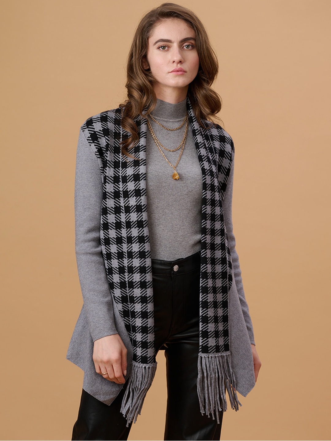 

Gipsy Shawl Lapel Longline Checked Acrylic Shrug, Grey