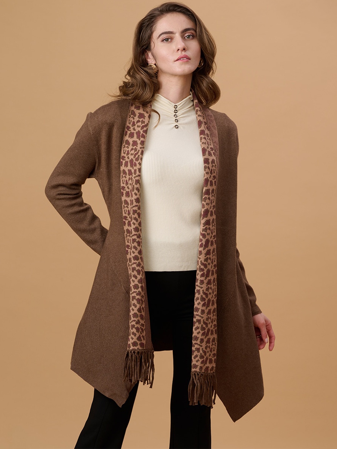 

Gipsy Shawl Lapel Longline Acrylic Shrug, Coffee brown