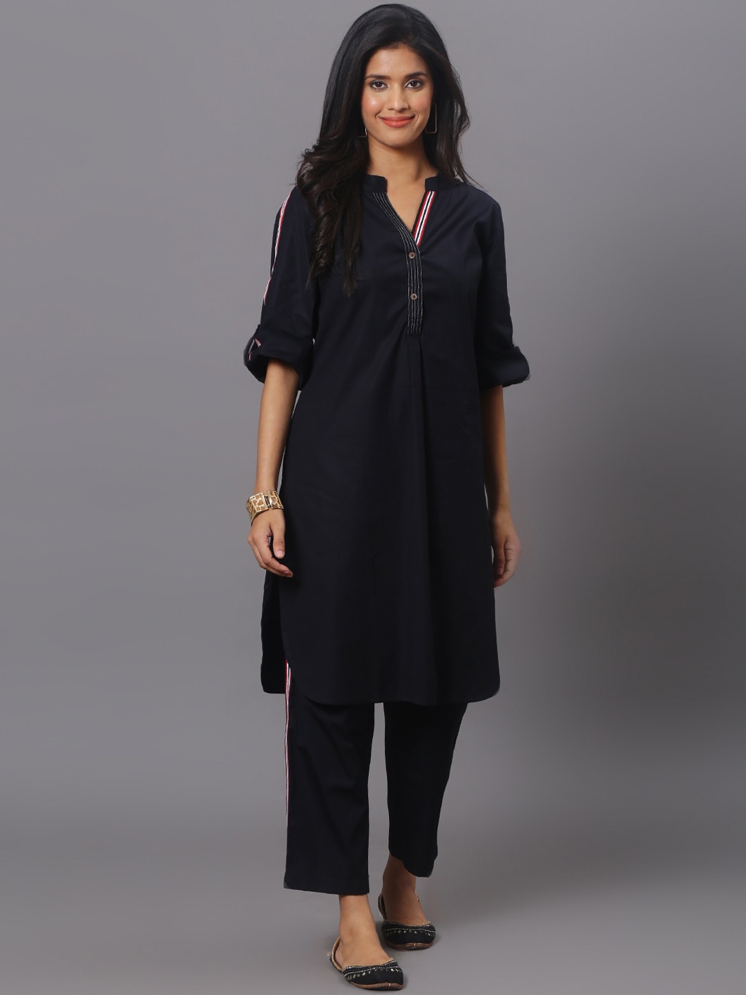 

Spring Soul Mandarin Collar Pure Cotton Kurta with Trousers, Black