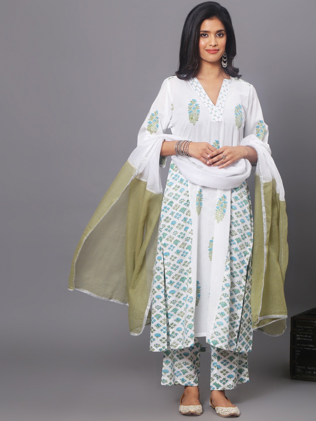 

Spring Soul Floral Printed Pure Cotton Kurta With Trousers & Dupatta, White