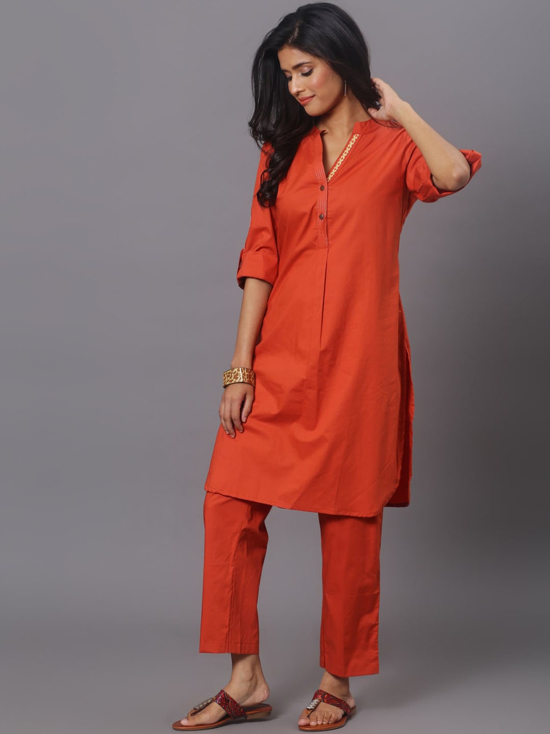 

Spring Soul Mandarin Collar Pure Cotton Kurta with Trousers, Orange