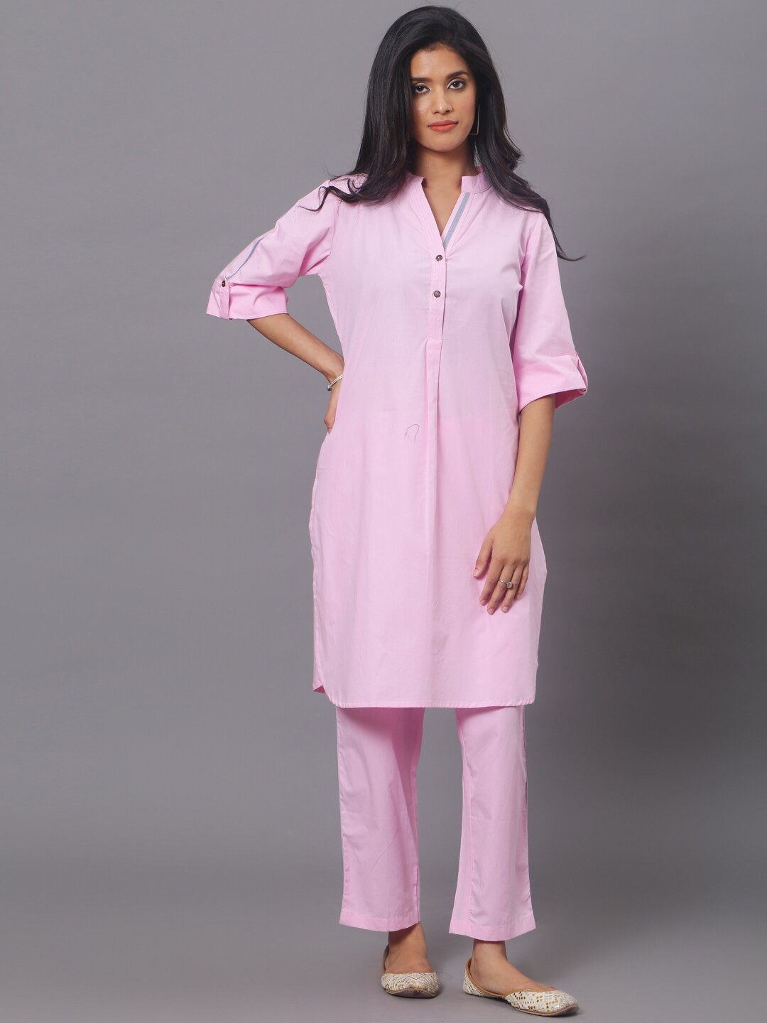 

Spring Soul Mandarin Collar Pure Cotton Kurta with Trousers, Pink