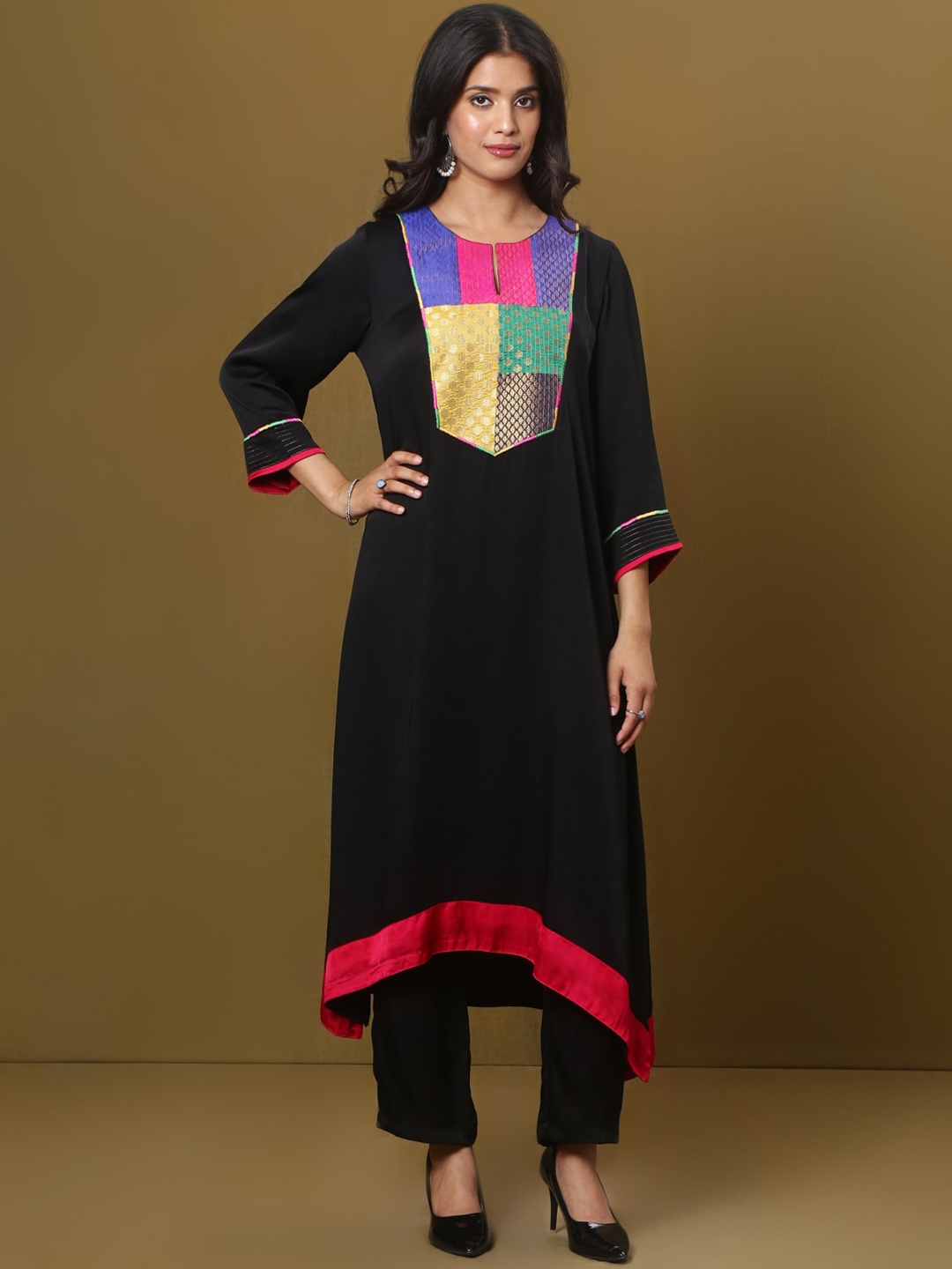 

Spring Soul Ethnic Motifs Yoke Design A-line Kurta with Trousers, Black