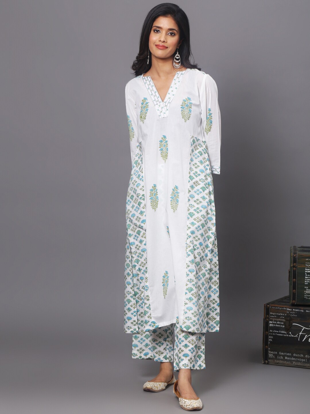 

Spring Soul Ethnic Motifs Printed Pure Cotton A-line Kurta with Trousers, Green