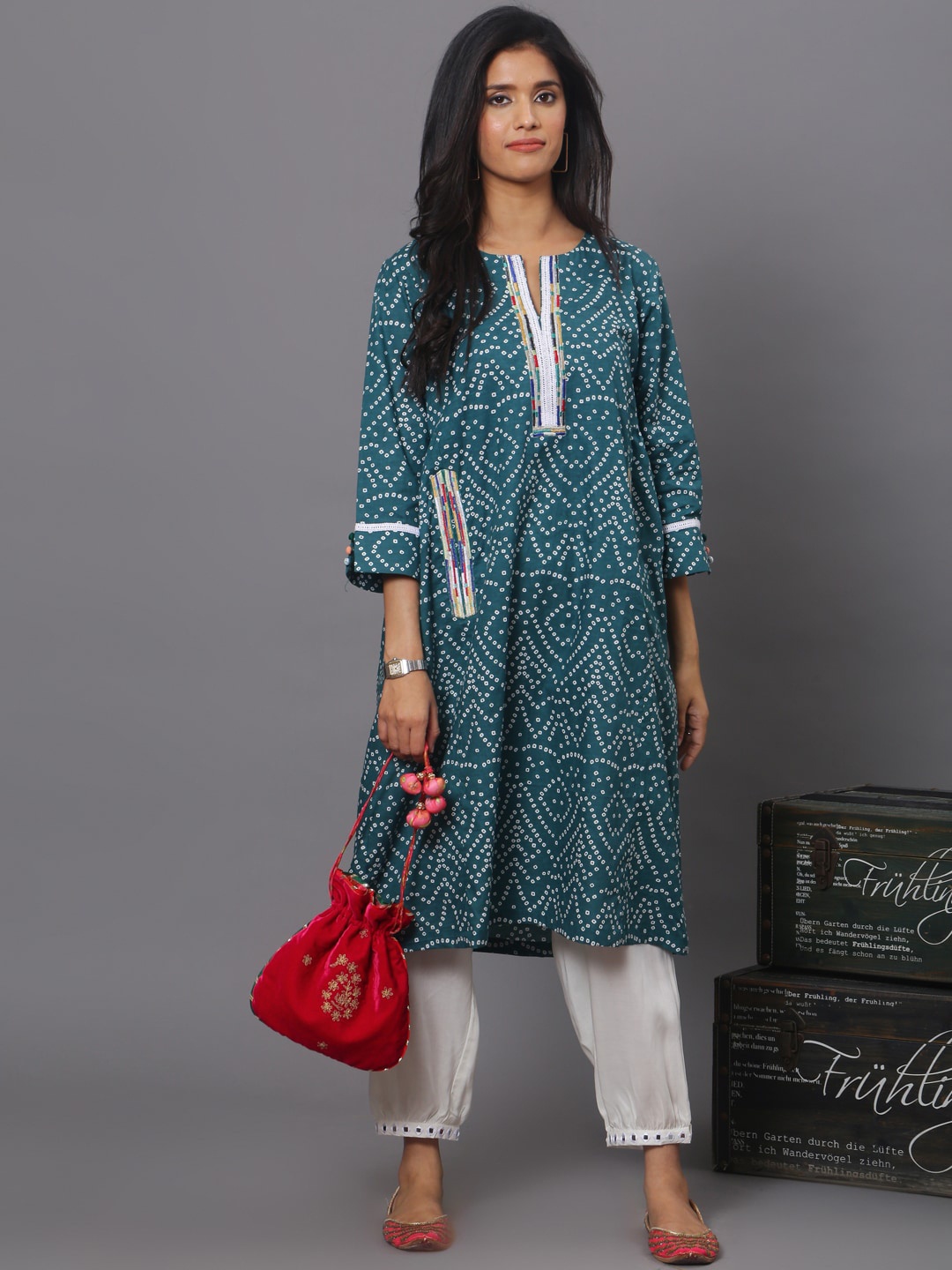 

Spring Soul Bandhani Printed Pure Cotton Kurta with Trousers, Green