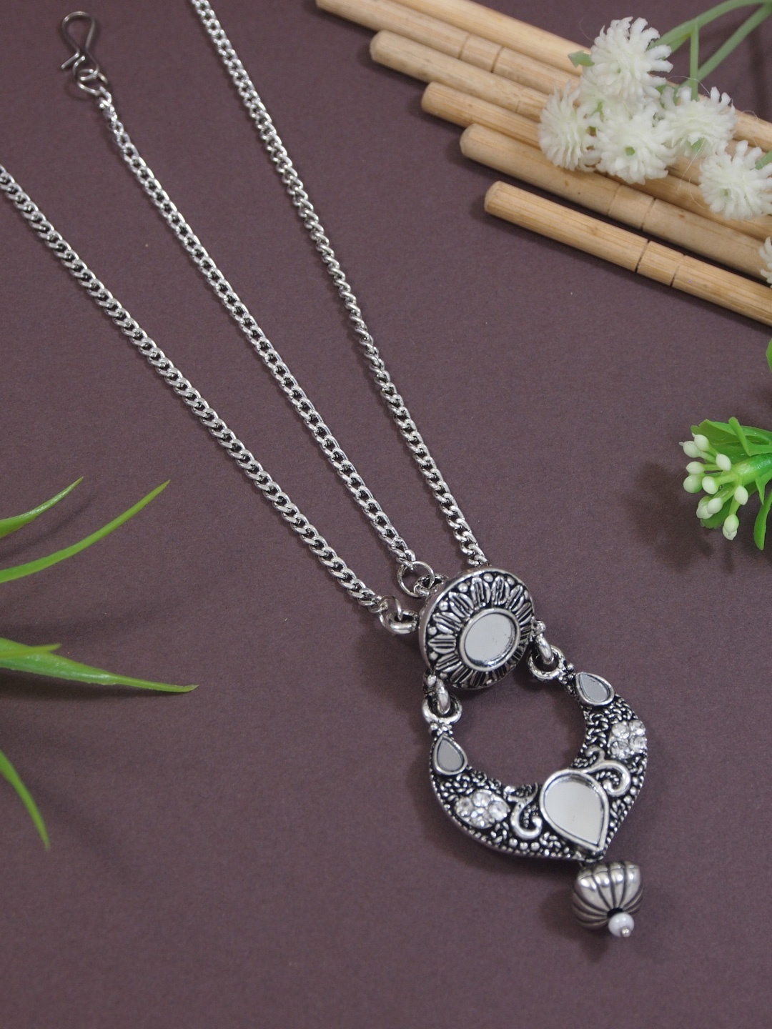 

I Jewels Oxidised Silver-Plated Beaded Mathapatti With Ghungroo