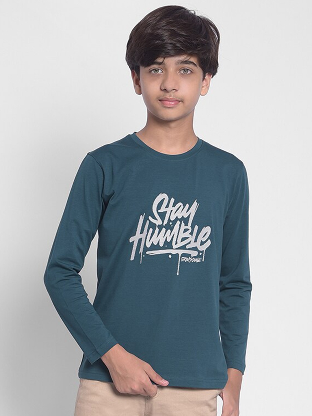 

Crimsoune Club Boys Typography Printed Round Neck Slim Fit Casual T-shirt, Green