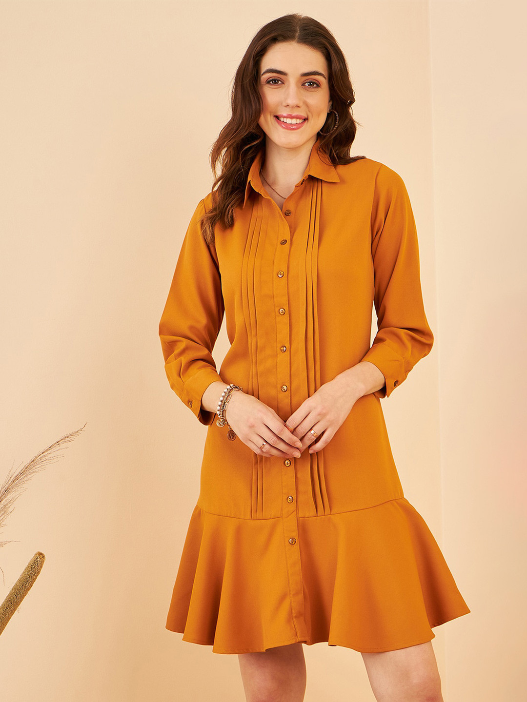 

Carlton London Shirt Collar Cuffed Sleeve Pleated Shirt Dress, Mustard