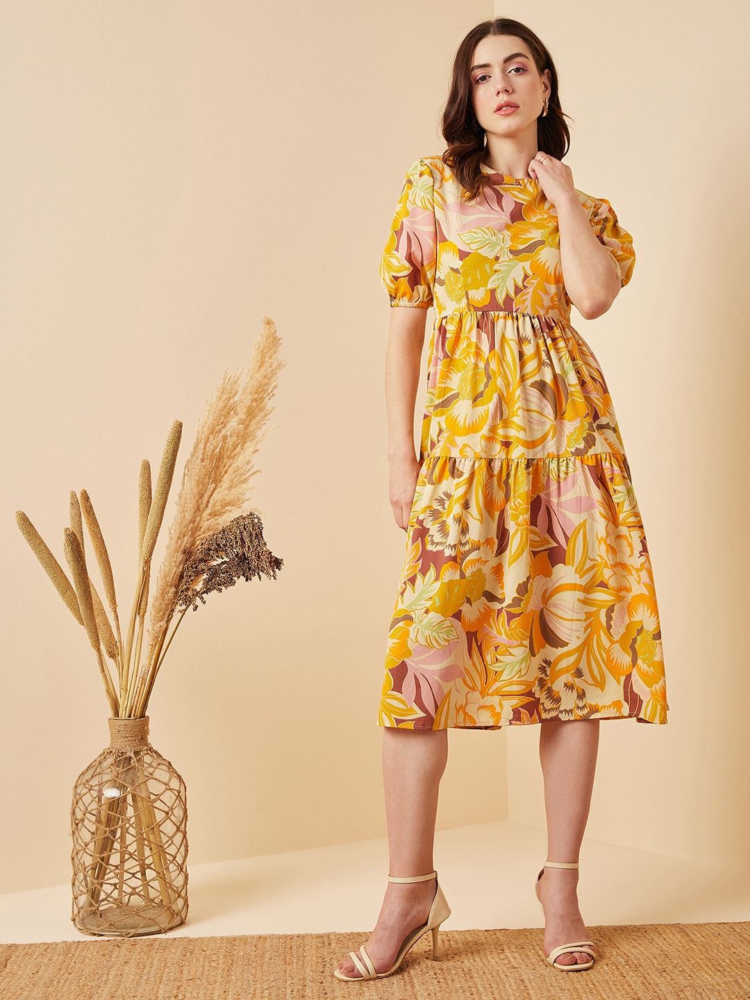 

Carlton London Floral Printed Puff Sleeve Gathered Tiered Fit & Flare Dress, Yellow
