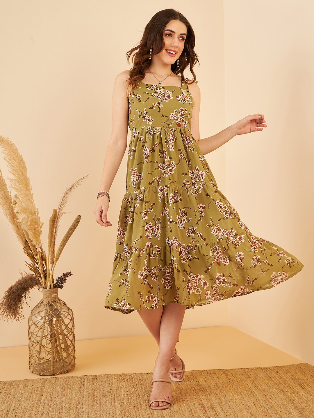 Carlton London Floral Printed Shoulder Straps Gathered Georgette Tiered Fit & Flare Dress, Green