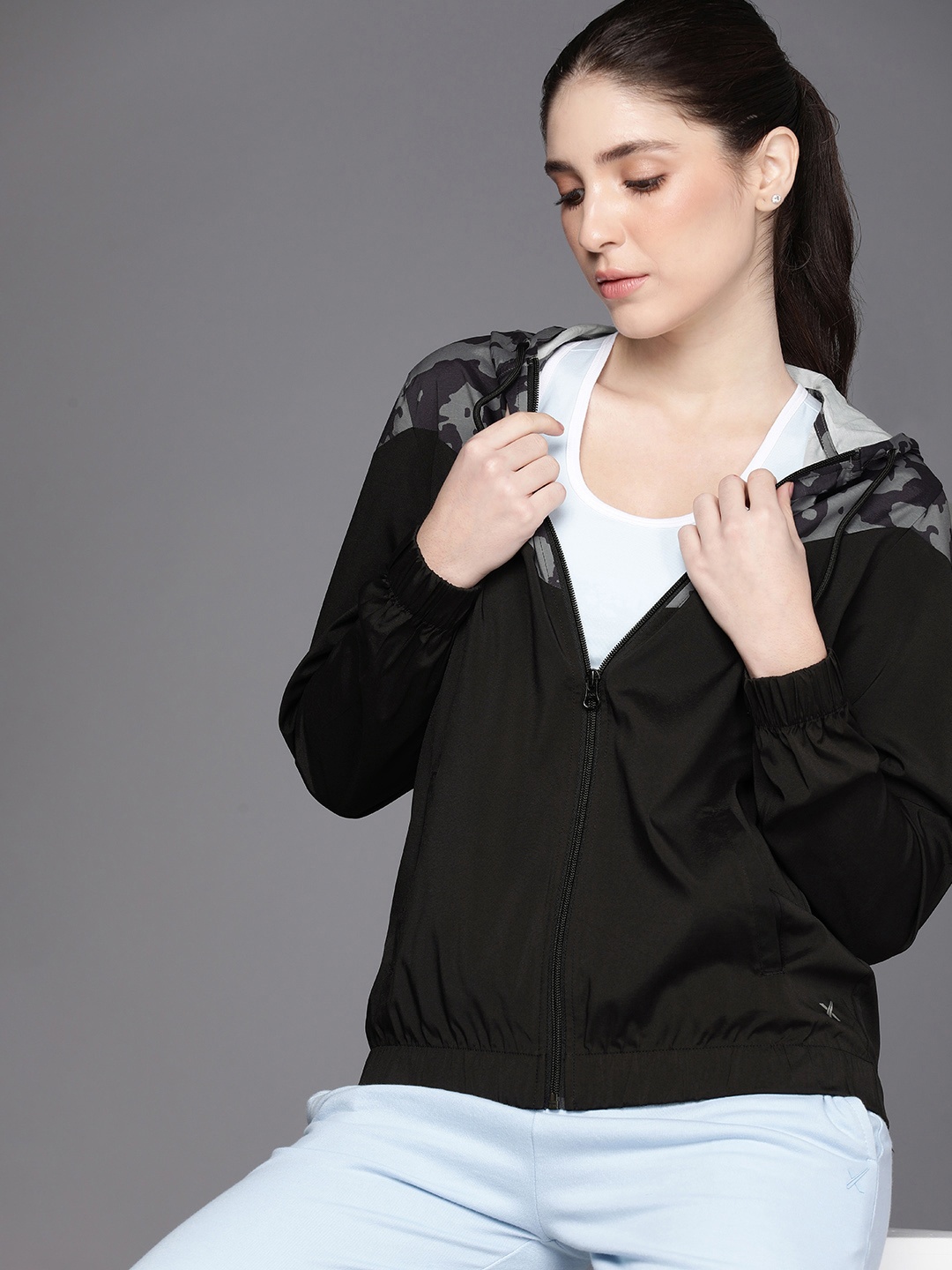 

HRX by Hrithik Roshan Women Camouflage Printed Rapid-Dry Running Sporty Jacket, Black
