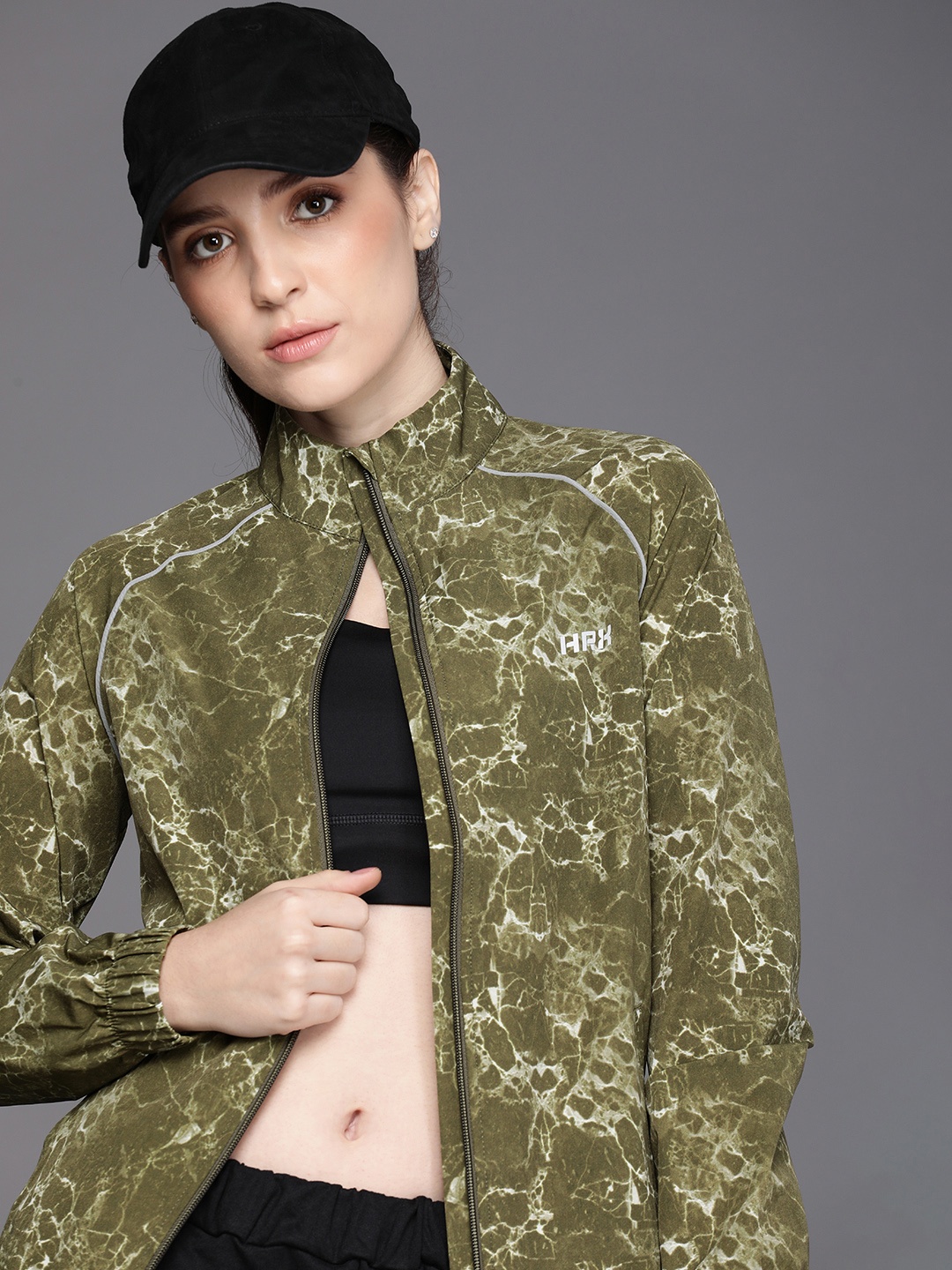 

HRX by Hrithik Roshan Women Abstract Printed Rapid-Dry Running Sporty Jacket, Olive