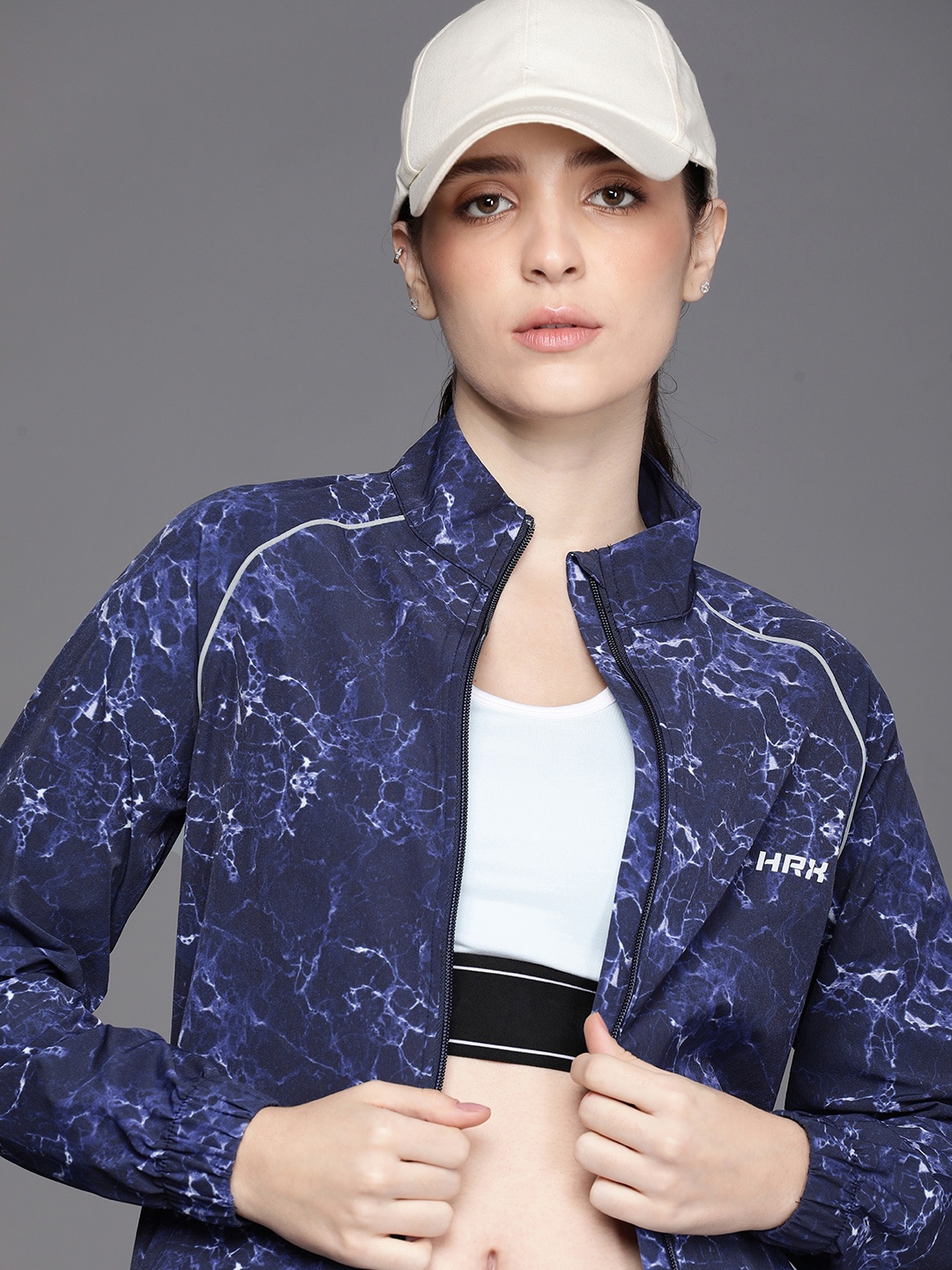 

HRX by Hrithik Roshan Women Abstract Printed Rapid-Dry Running Sporty Jacket, Navy blue