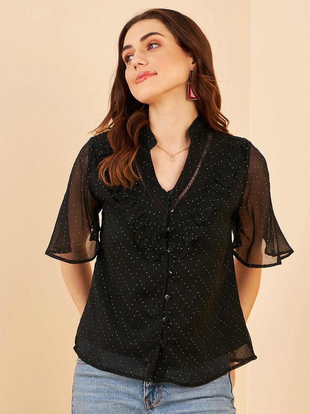 

Marie Claire Polka Dots Printed Mandarin Collar Flared Sleeves Ruffles Shirt Style Top, Black