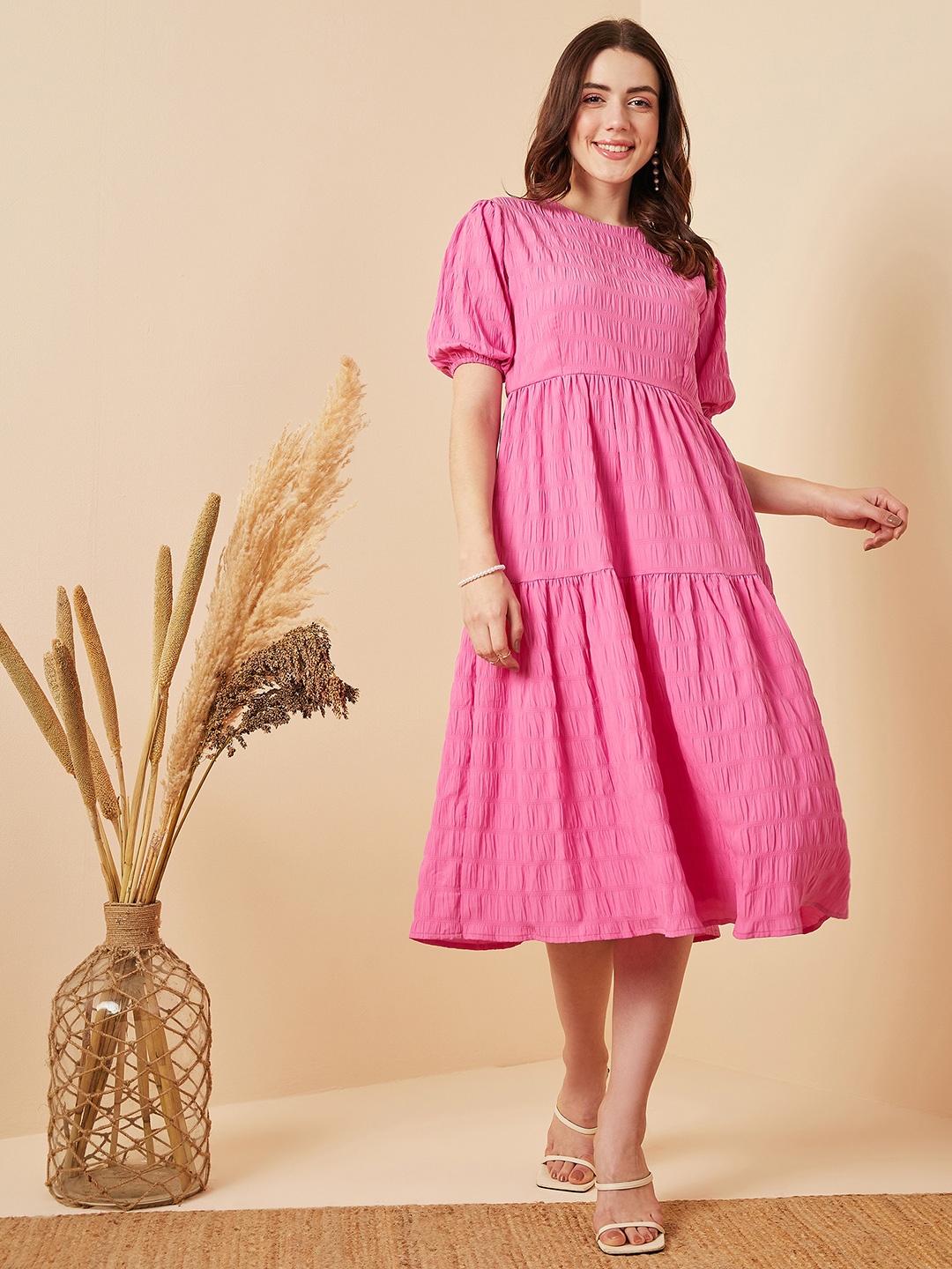

Marie Claire Pink Self Design Puff Sleeve Tiered Midi Dress