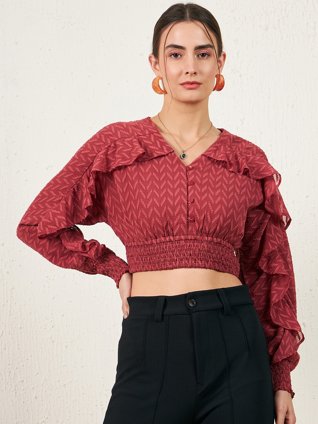 

Marie Claire Self Design Cuffed Sleeves Smocking Regular Crop Top, Rust