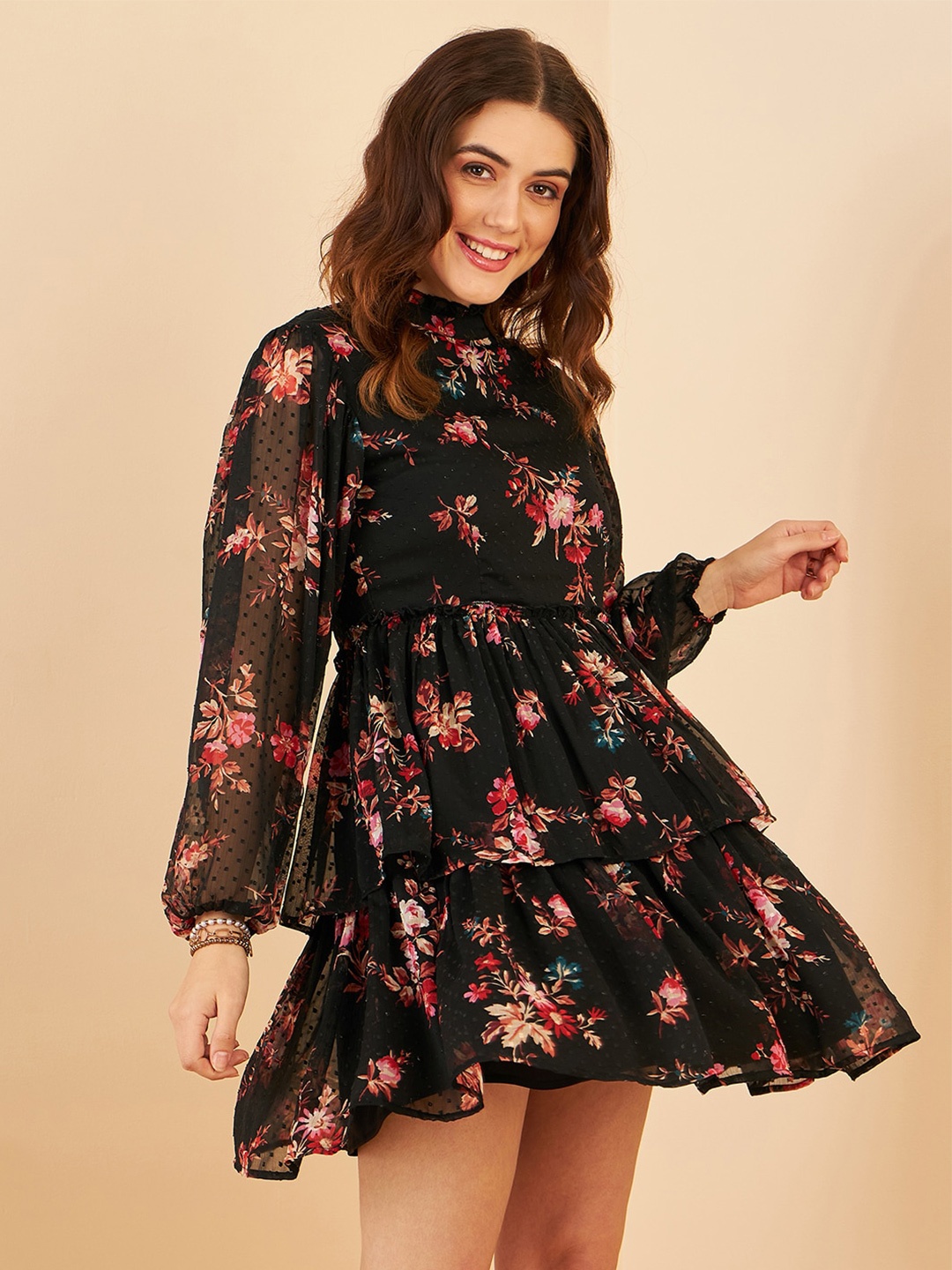 

Marie Claire Black Floral Print Puff Sleeve Fit & Flare Mini Dress