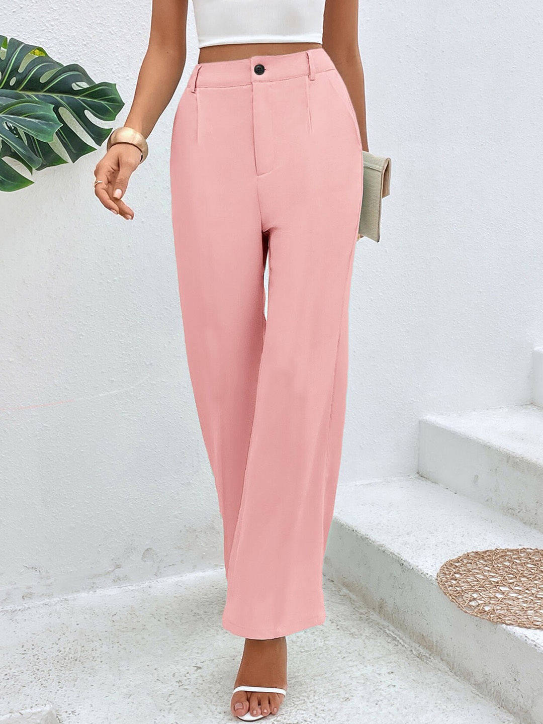 

FAVRIZ Women High Rise Pleated Parallel Trousers, Peach