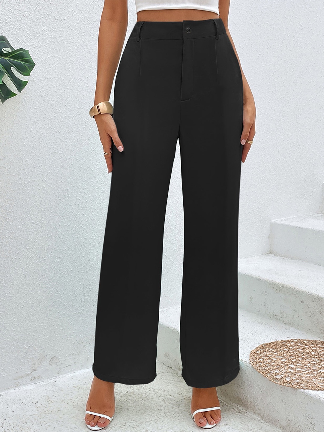 

FAVRIZ Women High-Rise Travel Features Straight Fit Parallel Trousers, Black