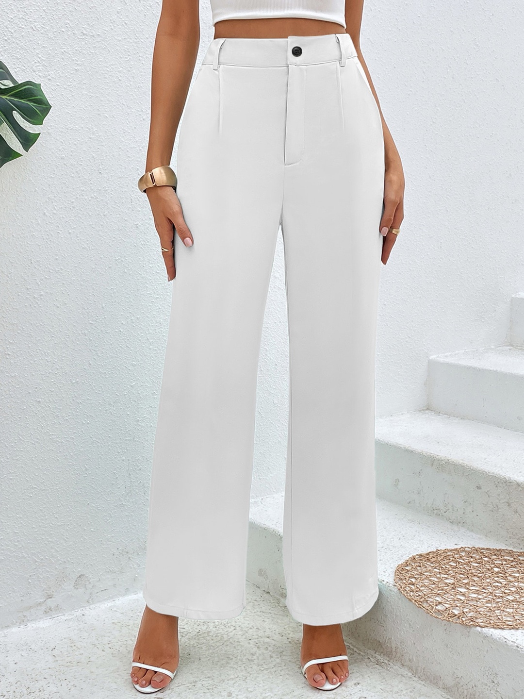 

FAVRIZ Women High-Rise Travel Features Straight Fit Parallel Trousers, White