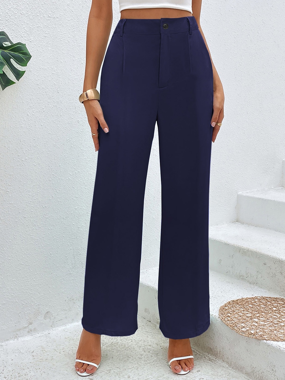 

FAVRIZ Women High-Rise Pleated Travel Features Parallel Trousers, Navy blue