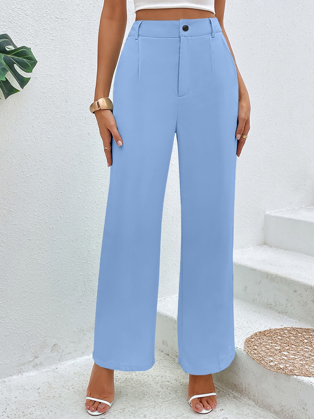 

FAVRIZ Women High-Rise Pleated Travel Features Parallel Trousers, Turquoise blue