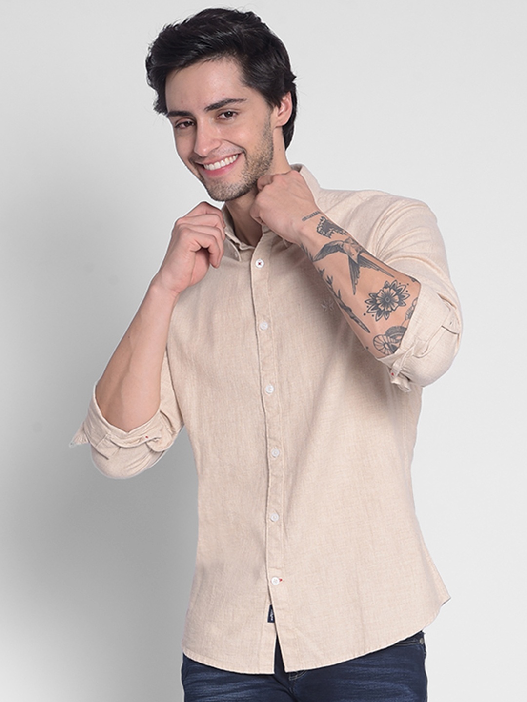 

Crimsoune Club Classic Slim Fit Opaque Cotton Casual Shirt, Beige