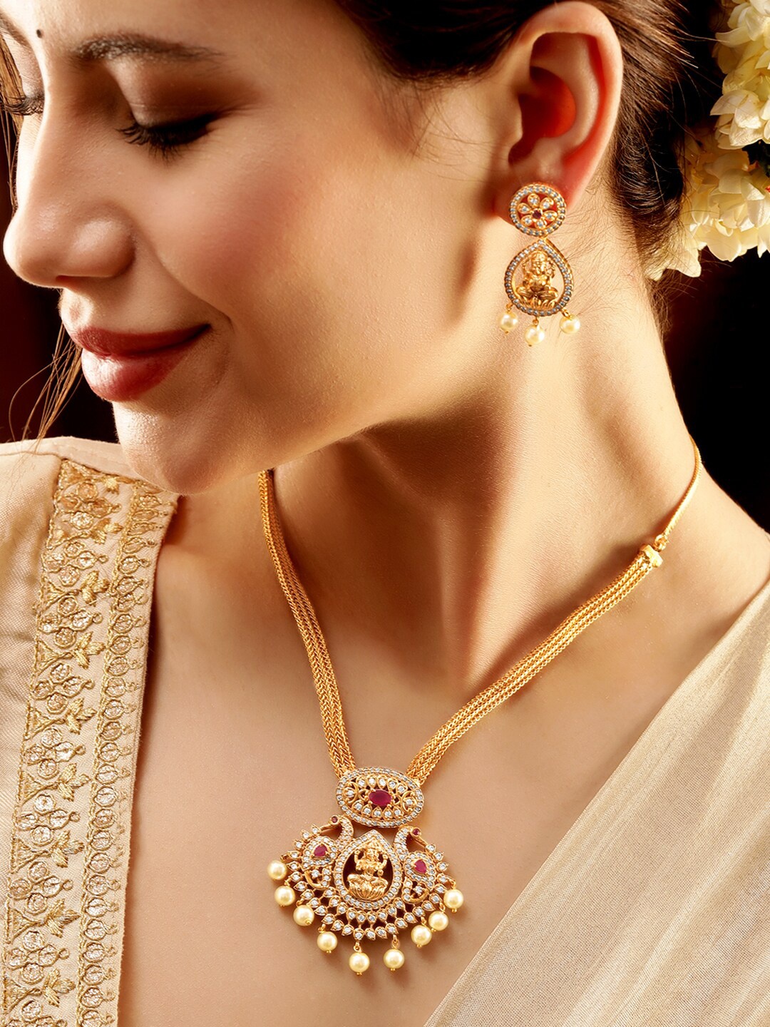 

Rubans 22K Gold-Plated Crystal Studded & Pearl Beaded Jewellery Set