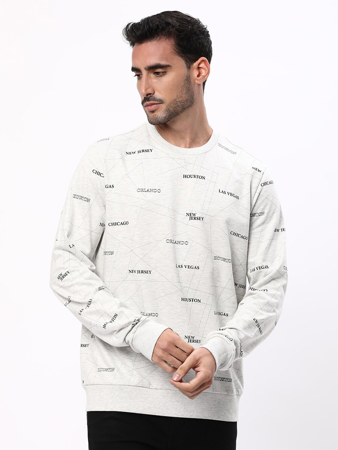 

R&B Typography Printed Cotton Pullover Sweatshirt, Grey