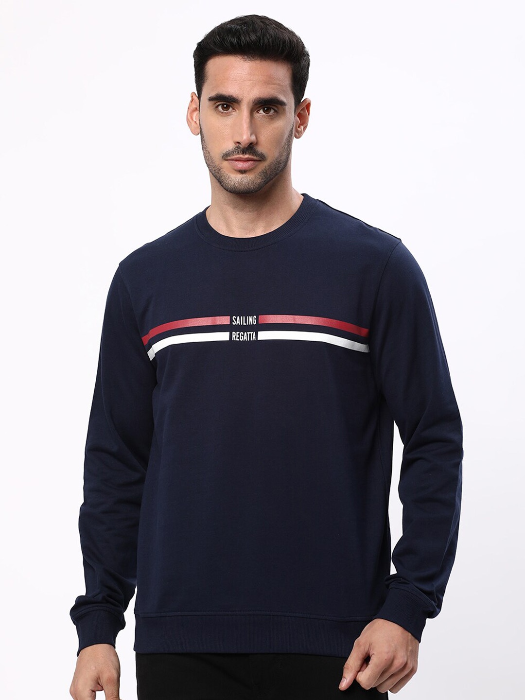 

R&B Striped Cotton Pullover Sweatshirt, Navy blue