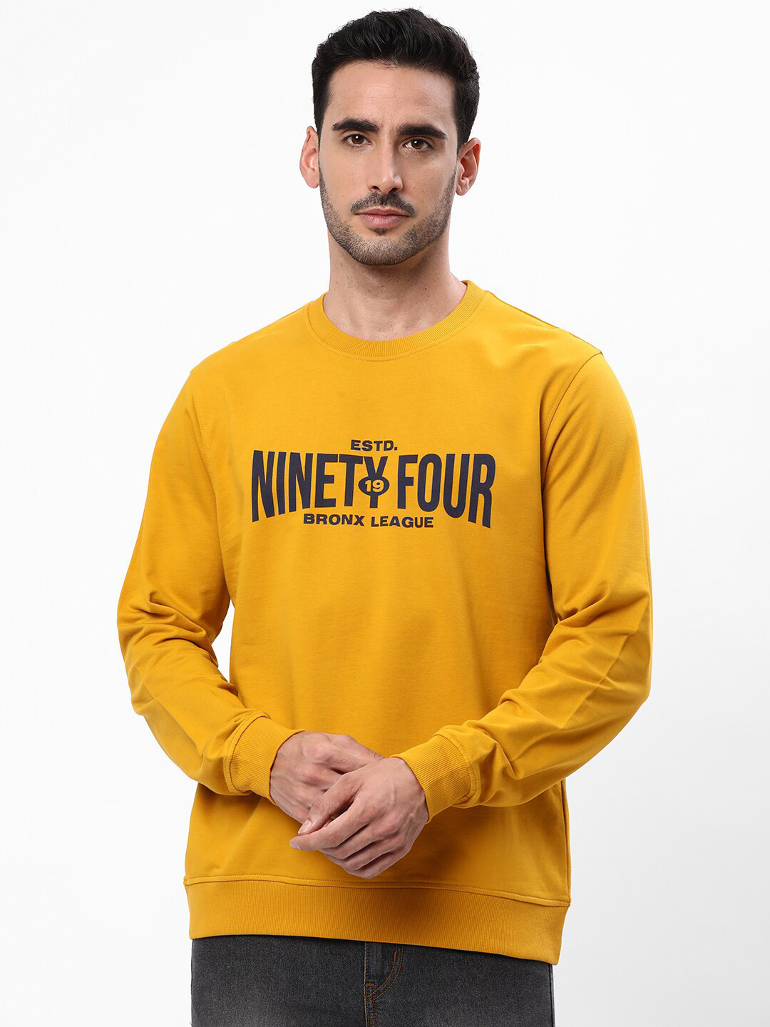 

R&B Typography Printed Cotton Pullover Sweatshirt, Yellow