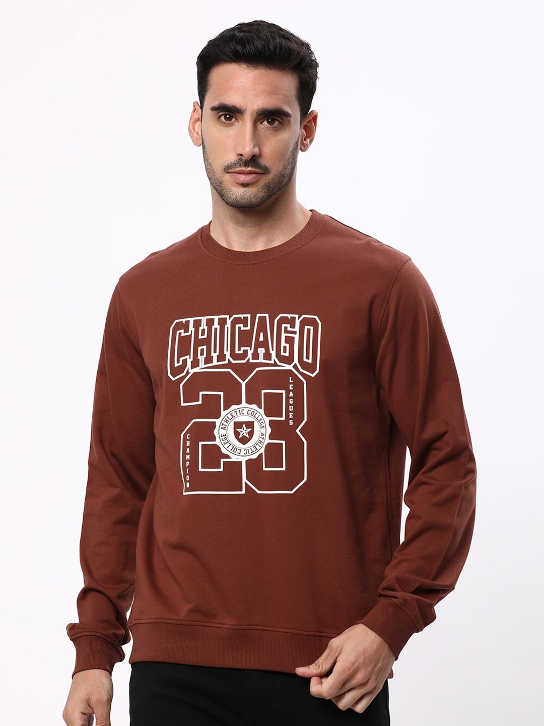 

R&B Typography Printed Cotton Pullover Sweatshirt, Brown