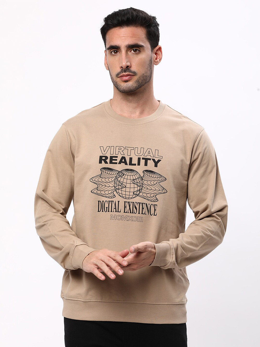 

R&B Graphic Printed Cotton Pullover Sweatshirt, Beige