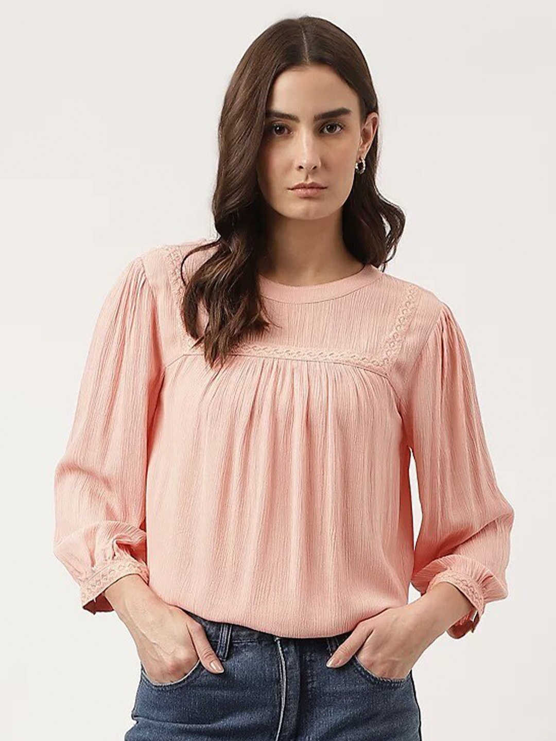 

Marks & Spencer Puff Sleeves Gathered Lace Detail Top, Peach