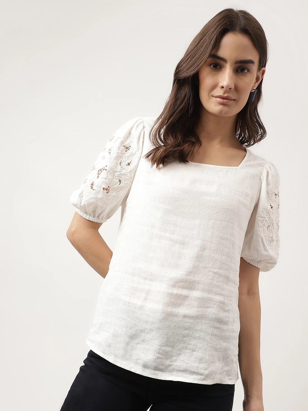 

Marks & Spencer Cut-Out Detail Square Neck Puff Sleeves Top, White